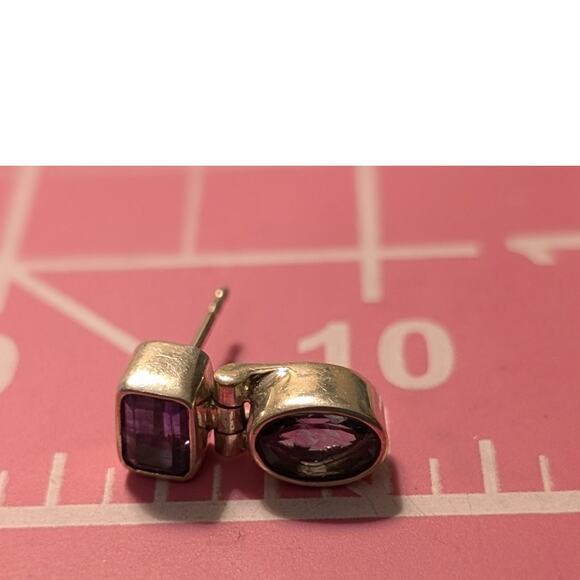 Vtg 1990s 925 Sterling Hinged Amethyst & Iolite Gemstone Drop Post Earrings - Picture 4 of 5